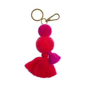 pom pom and tassel key ring clip with flamingo pink pom poms and tassel and gold clip and split ring