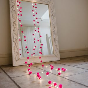 Pink Pom pom galaxy fairy lights 3m long on battery timer boxes