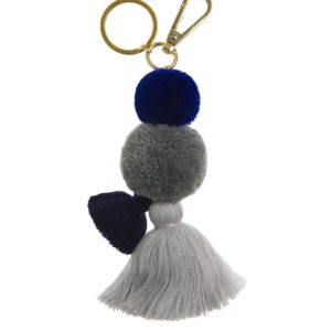 Pom pom and tassel clip and keyring Indigo and grey