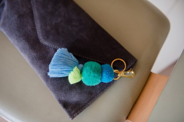 Pom Tassel Bag Charm and Key Ring in Sea Blues