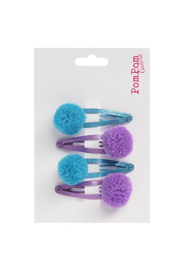 blue and lilac pom pom glitter hair slides
