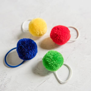 Pom Pom Hair Tie Sets 11 Primary Colours Set of 4 Hair Bobbles in a tube Blue, Yellow Red and green