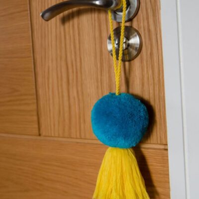Jumbo Pom Pom and Tassel Swags 31 Jumbo pom pom and tassel bag swag Turquoise pom pom and yellow tassel