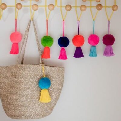 Jumbo Pom Pom and Tassel Swags 26 Jumbo Pom Pom and Tassel Bag Swag with Orange pom and purple tassel;