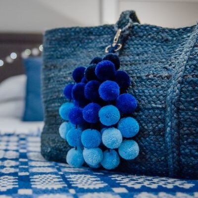 Large Blues Ombre Pom Pom Bag Charm