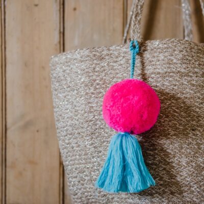 Jumbo Pom Pom and Tassel Swags 27 Jumbo pom pom and tassel bag swag Neon Pink with light blue tassel