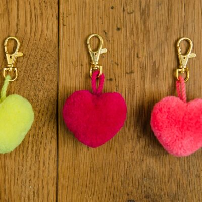 Heart Pom Pom Clips in a choice of colours red, neon yellow, magenta, blush or indigo