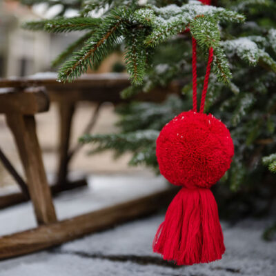 Jumbo Red pom pom and tassel decorations