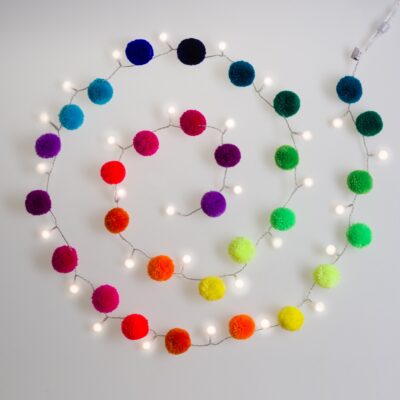 Pom Pom Fairy Light Chain Rainbowwtih interchangeable USB socket or battery timer box PomPom Galore