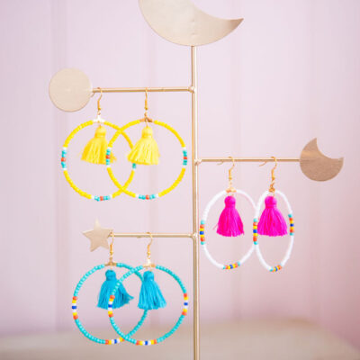 Beaded Hoop Tassel Earrings